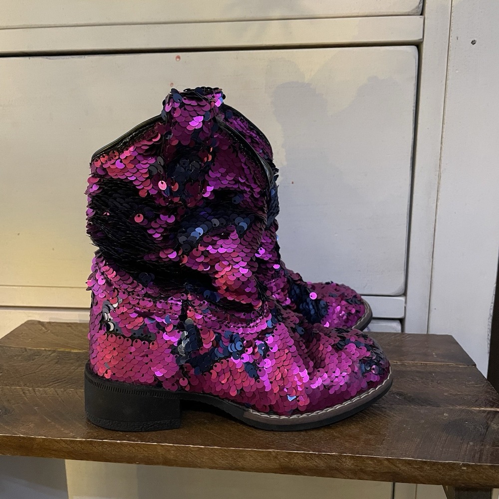 Laredo Girls 10‎ Cowboy Boots Pink Sequins Shiny Cowgirl Glam Princess Dan Post